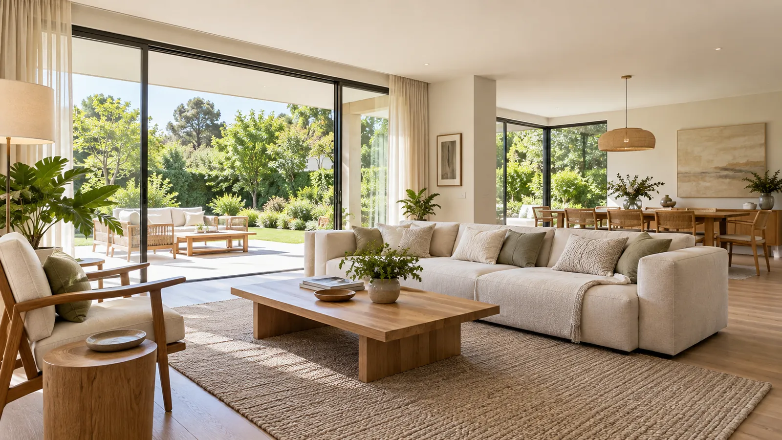 Living amplio con ventanales de piso a techo abiertos al jardín
